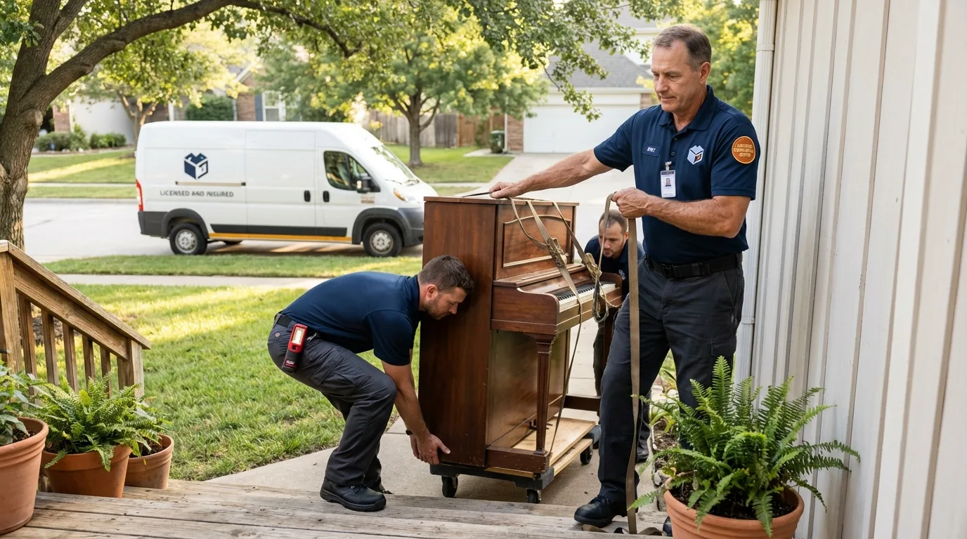 Licensed piano movers securing grand piano in Trenton, FL