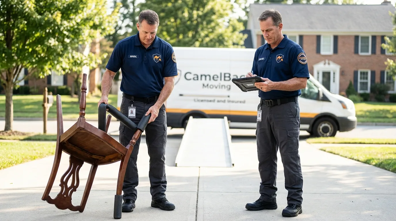 Movers inspecting furniture for damage prevention before loading in Trenton, FL